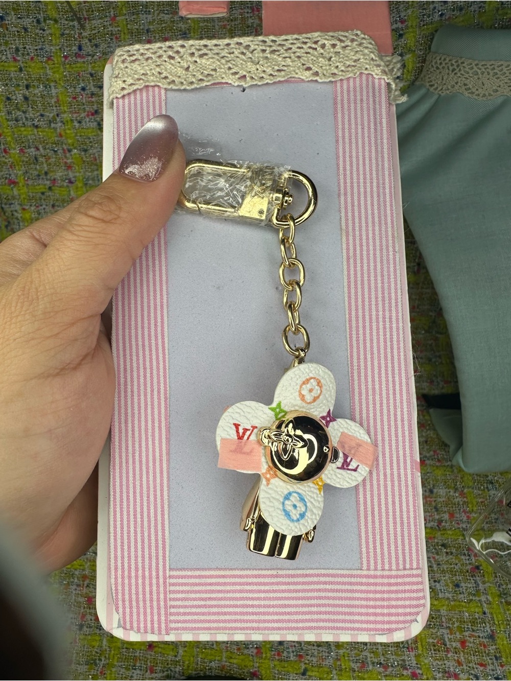 Designer-Inspired Floral Leather Keychain Charm in White and Pastel